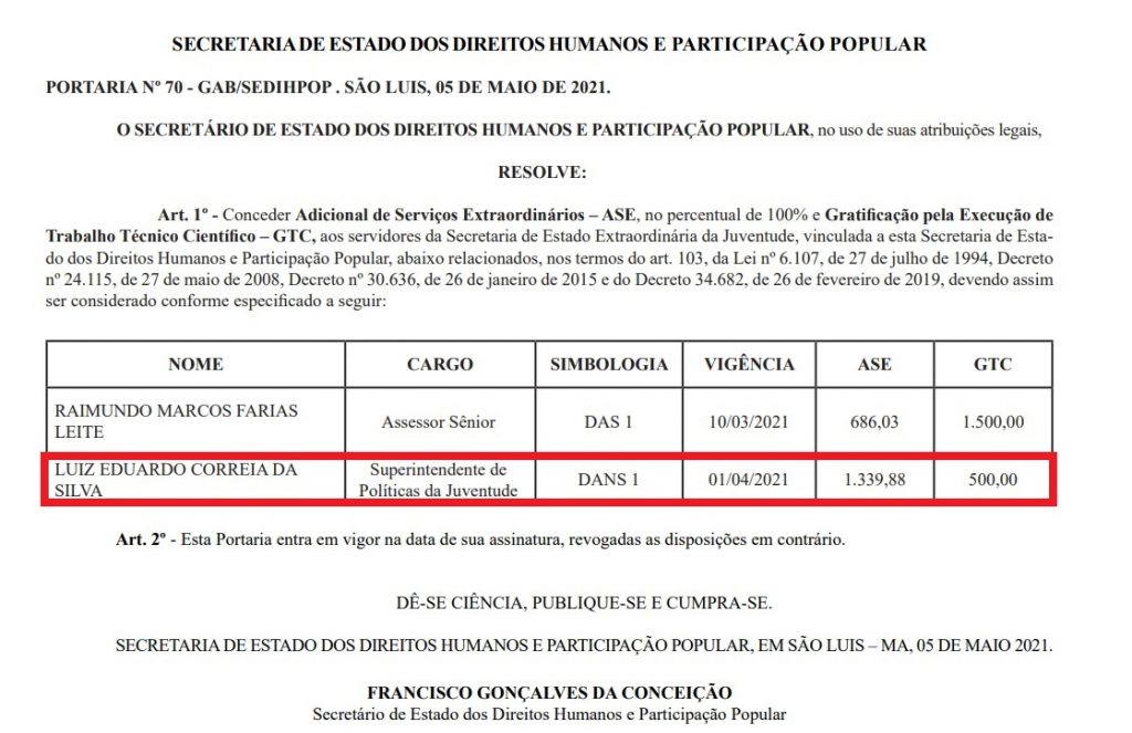 GRATIFICACAO-1-1024x663 Dias antes de criar site de apoio à campanha de Flávio Dino, funcionário do governo do MA ganhou 100% de gratificação em seu salário