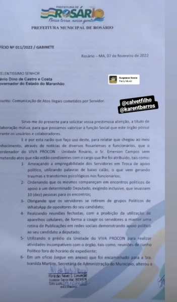 Documento Em Rosário, servidor do Procon estaria coagindo funcionários em troca de apoio político