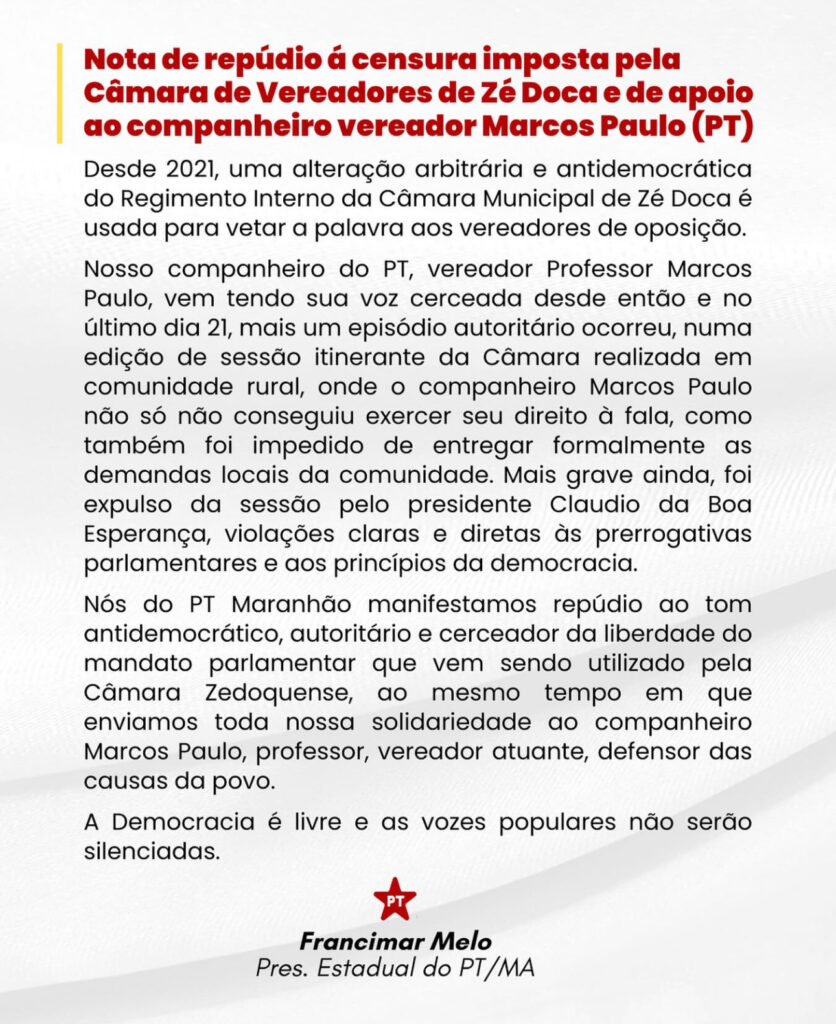 IMG_7563-836x1024 Diretório estadual do PT emite note de repúdio contra a Câmara de Zé Doca/MA