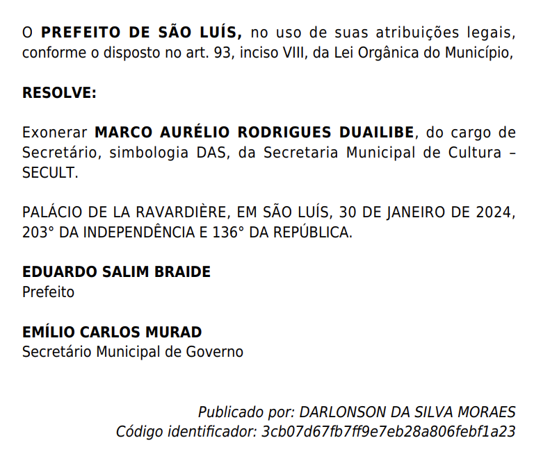 Captura-de-Tela-2024-01-30-as-21.14.19 Braide exonera secretário de Cultura em meio ao escândalo da contratação de uma creche para fazer o carnaval de São Luís
